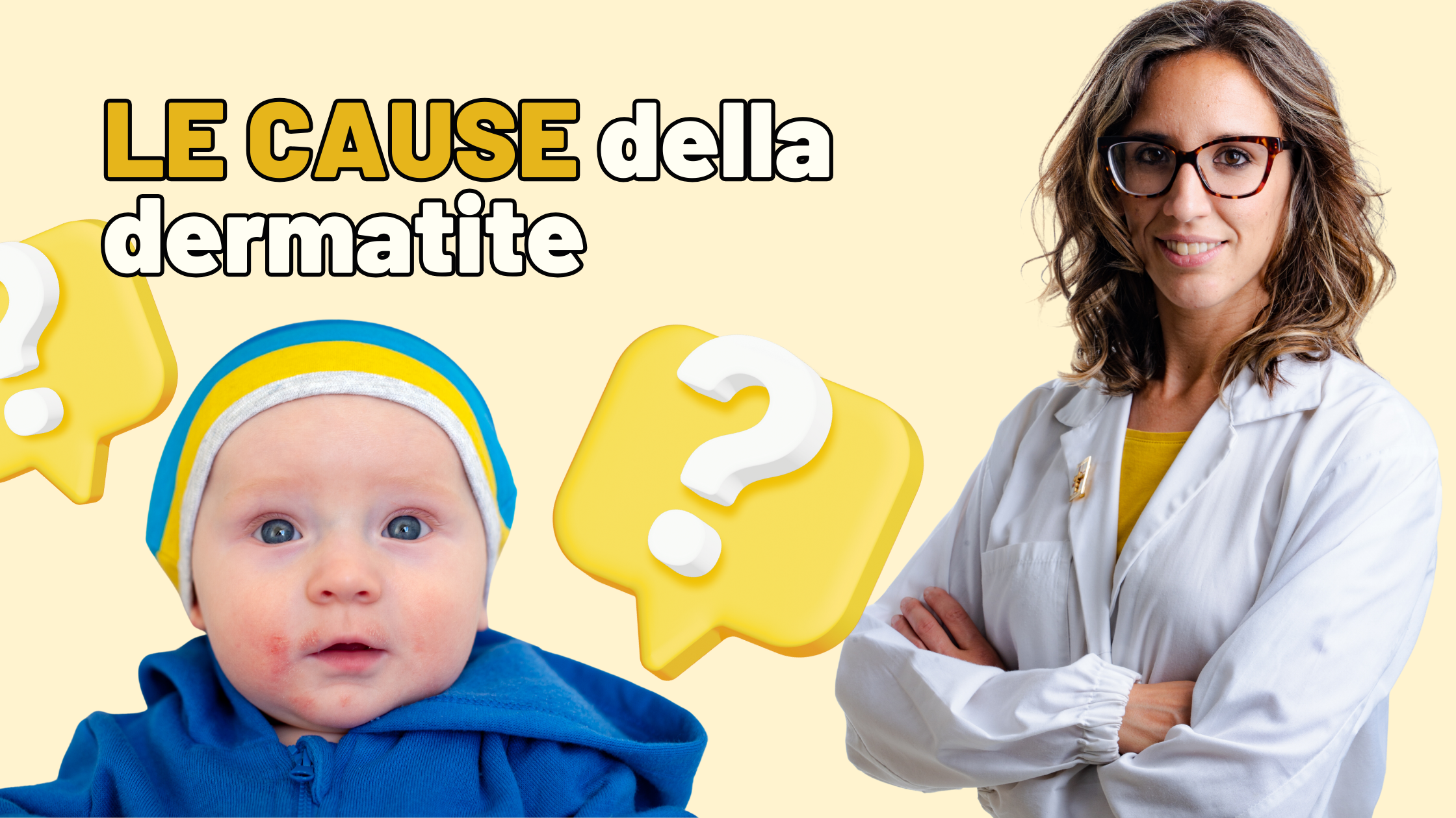 Bimbo con dermatite atopica e scritta con le cause della dermatite atopica della dott.ssa Lorenza Satti